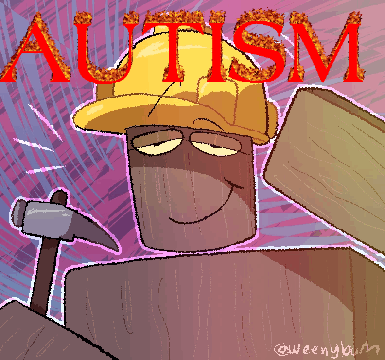 The Regretrevator testing image of Mark edited to have 'Autism' in flaming letters over his head.