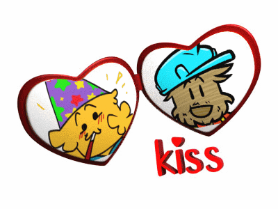 A gif of a heart shaped locket with a picture of me and Marki in it. The word kiss is underneath it and the locket closes.